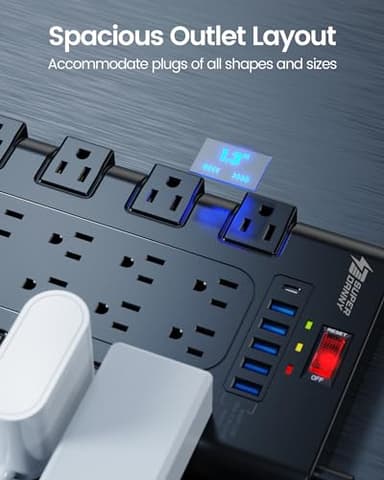 Extension Cord 10 Ft, SUPERDANNY Power Strip Surge Protector with 6 USB Charging Ports and 22 AC Outlets, 1875W/15A, 2100 Joules, Flat Plug Power Outlet for Home, Office, Dorm, Gaming Room, Black - Image 4