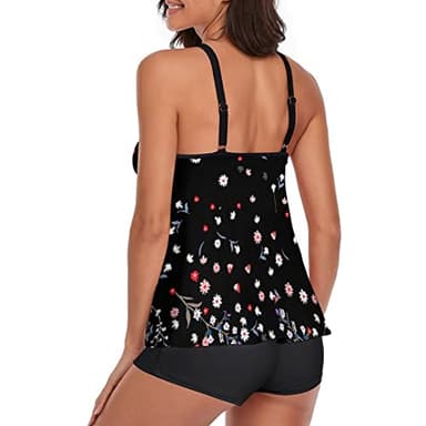Urchics Womens 2025 Tankini Swimsuits Tummy Control Flowy Swimwear Two Piece Bathing Suits Swim Tank Top with Boyshorts Floral Black L - Image 2