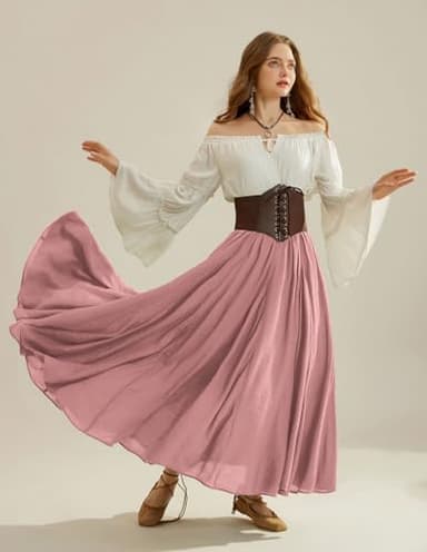 Women Elastic High Waist Swing Maxi Flowy Summer Long Skirt Dusty Rose M - Image 8