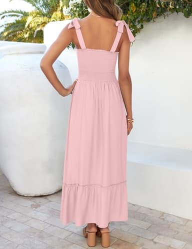 ZESICA Women's 2025 Summer Boho Spaghetti Strap Square Neck Solid Color Ruffle A Line Beach Long Maxi Dress,Pink,Medium - Image 3