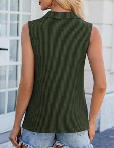 NORACORA Women's Summer Sleeveless Tops V Neck Collared Shirts Dressy Casual Striped Ribbed Tank Top with Half-Zipper Loose Fit Tunic Tops Army Green - Image 4