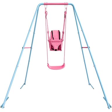 2-in-1 Toddler Swing Set with Metal Stand, Safety Belt & 4 Anchors - A-Frame Swing for Kids 6 Months+ (Pink, Indoor/Outdoor Backyard Playground) - Image 1