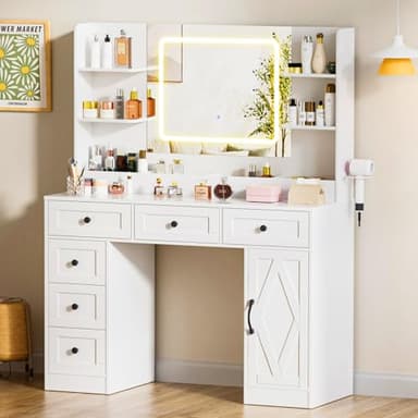 COMHOMA Makeup Vanity Desk with Mirror and Lights, Large Vanity Table with 6 Drawers & 1 Storage Cabinet, White Bedroom Dresser Table for Girls, 3 Color Modes Adjustable Mirror, White - Image 2