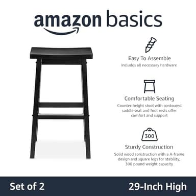 Amazon Basics Solid Wood Saddle-Seat Kitchen Counter Barstool with Footrest, Easy Assembly - 29-Inch Height - Black - Set of 2 - Image 4