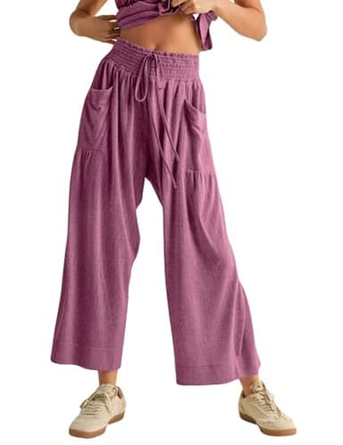 Antnation Womens 2 Piece Smocked Top Wide-Leg Pants Set High-Waisted Lounge Outfit with Pockets Casual Boho Matching Set(Purple-S) - Image 5