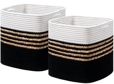 UBBCARE Set of 2 Storage Cubes 11 X 11 X 11 in, Water Hyacinth Storage Bins for Shelves, Toys, Book, Storage Baskets with Handles, Cotton Rope Woven Baskets for Organizing, Black - Image 1