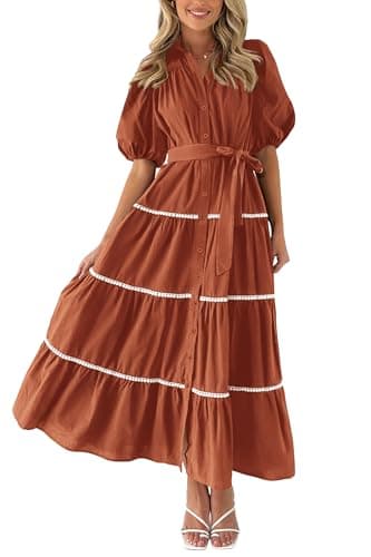 PRETTYGARDEN Women's Summer Button Down Shirt Dress Short Puffy Sleeve Tiered Ruffle Flowy Long Maxi Dresses (Rust Red,Large) - Image 1