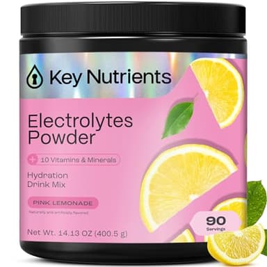 KEY NUTRIENTS Multivitamin Electrolytes Powder No Sugar - Fresh Pink Lemonade Electrolyte Powder - Endurance & Energy Supplement - Hydration Powder - No Calories - 90 Servings - Made in USA - Image 1