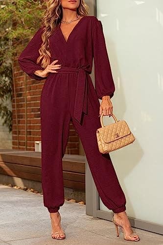 PRETTYGARDEN Women's Spring Fall Jumpsuits Casual Dressy One Piece Outfits V Neck Long Sleeve Belt Pockets Long Pants Romper (Wine Red,Small) - Image 4
