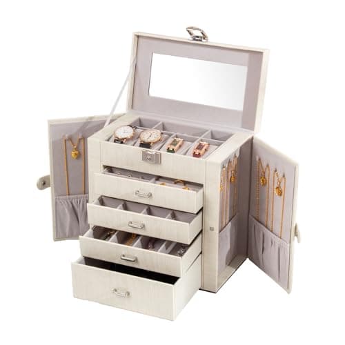 FEIYAN Large Jewelry Box,5-Tier PU Leather Jewelry Organizer with Lock,Multi-functional Storage Case with Mirror,Jewelry Organizer for Bracelets, Earrings, Rings, Necklaces (WHITE) - Image 1