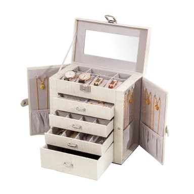 FEIYAN Large Jewelry Box,5-Tier PU Leather Jewelry Organizer with Lock,Multi-functional Storage Case with Mirror,Jewelry Organizer for Bracelets, Earrings, Rings, Necklaces (WHITE) - Image 1