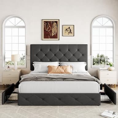 Allewie Upholstered Queen Size Platform Bed Frame with 4 Storage Drawers and Headboard, Diamond Stitched Button Tufted, Mattress Foundation with Wooden Slats Support, No Box Spring Needed, Dark Grey - Image 3