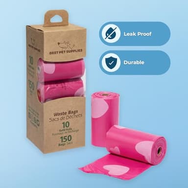 Best Pet Supplies Dog Poop Bags (150 Bags) for Waste Refuse Cleanup, Doggy Roll Replacements for Outdoor Puppy Walking and Travel, Leak Proof and Tear Resistant, Thick Plastic - Pink Heart - Image 3