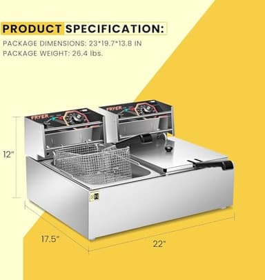 VIVOHOME 110V 20.7 Qt Commercial Electric Deep Fryer with 2 x 6.35 QT Removable Baskets, Overheat Protection - Image 7