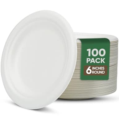 TaidMiao Dessert Plates, 100 Pack Small Paper Plates, Paper Plates 6 Inch – 100% Compostable Plates, Water & Oil Proof Disposable Plates, Microwavable Perfect Paper Plate For Party - White - Image 1
