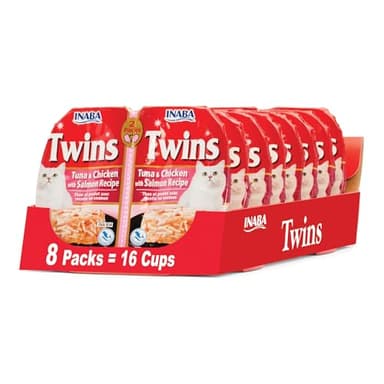 INABA Twins for Cats, Side Dish/Topper Cups, 1.23 Ounces per Serving, 16 Servings, Tuna & Chicken with Salmon Recipe - Image 1