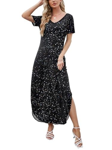 HUSKARY Women's Summer Maxi Dress Casual Loose Pockets Long Dress Short Sleeve Split-Foil Silver - Image 4