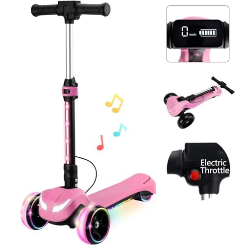 24V Electric Scooter for Kids w/150W Powerful Motor, Thumb Throttle, LCD Screen, Bluetooth, Light-Up Stem Deck & Wheels, 3 Adjustable Heights, 5MPH Safe Speed, 3 Wheel Electric Scooter for Kids, Pink - Image 1