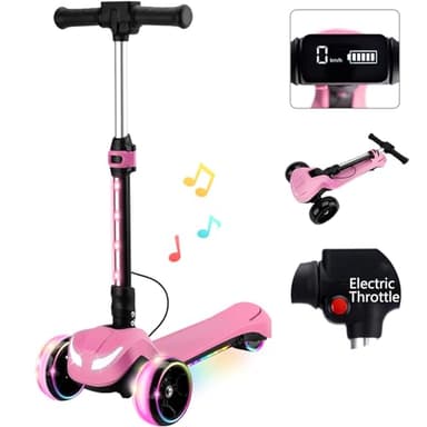 24V Electric Scooter for Kids w/150W Powerful Motor, Thumb Throttle, LCD Screen, Bluetooth, Light-Up Stem Deck & Wheels, 3 Adjustable Heights, 5MPH Safe Speed, 3 Wheel Electric Scooter for Kids, Pink - Image 1