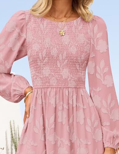 ZESICA Women's Fall Boho Floral Midi Dress 2025 Casual Long Sleeve Crewneck Flowy Wedding Guest Long Dresses,Pink,Medium - Image 8