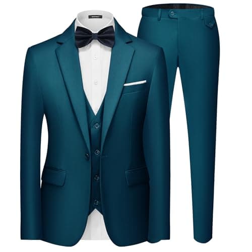 MAGE MALE Men's 3 Pieces Suit Elegant Solid One Button Slim Fit Single Breasted Party Blazer Vest Pants Set Teal Blue - Image 1