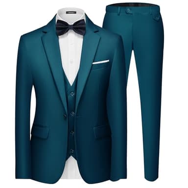 MAGE MALE Men's 3 Pieces Suit Elegant Solid One Button Slim Fit Single Breasted Party Blazer Vest Pants Set Teal Blue - Image 1
