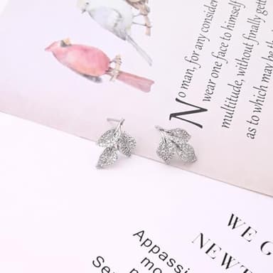 Silver Leaf Stud Earrings for Women Cubic Zirconia Earrings Studs 925 Sterling Silver Earrings Crystal Earrings Cz Studs Earrings for Gift - Image 5