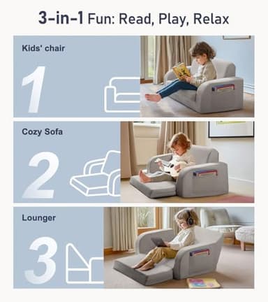 3-in-1 Extra Wide Convertible Kids Couch, Flip Open Toddler Couch to Lounger, Comfy Toddler Chair, Machine-Washable Kids Sofa for Girls, Kid Sofa Bed for Fun Playtime or Comfy Lounging, Gray - Image 3