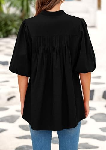 PRETTYGARDEN Women's 2025 Summer Short Lantern Sleeve Tops Loose Fit Button Down Shirt Pleated V Neck Blouses Trendy Clothes (Black,X-Large) - Image 2