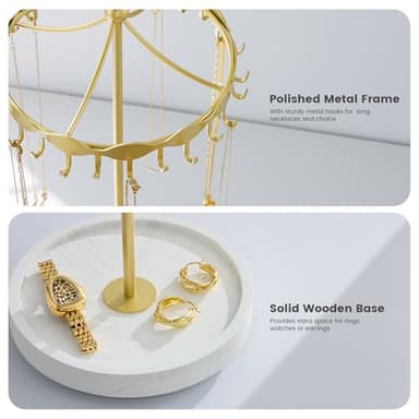 Lolalet Rotating Necklace Holder Stand with Metal Hooks, Spinning Display Carousels, Freestanding Organizer Hanger, for Long Necklaces Chains -Gold - Image 5