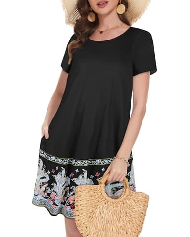 elescat Summer Dresses for Women Casual Loose Short Sleeve Sundress Scoop Neck Beach Cover Up with Pockets(Black Floral, L) - Image 2