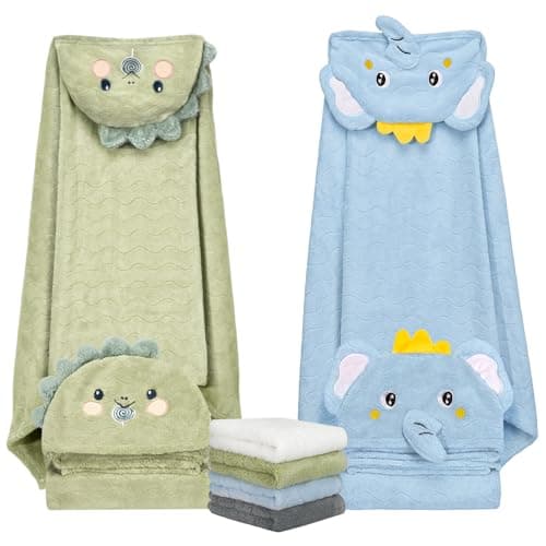 6 PCS Toddler Bath Towel Set for Boy Girl 0-5 Year, 2 PCS Thick Absorbent Hooded Baby Bath Towels Large 55" x 27.5" & 4 PCS Washcloths, Ultra Soft Gift for Infant, Toddler, Kids, Dinosaur & Elephant - Image 1