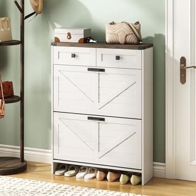 Halitaa Shoe Cabinet with 2 Flip Drawers & 2 Drawers,Farmhouse Shoe Storage Cabinet for Entryway,Slim Freestanding Narrow Organizer Rack for Front Door Entrance,White - Image 6