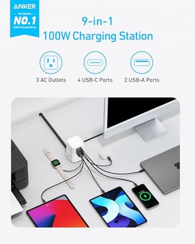 Anker Charging Station (100W), 9-in-1 USB-C Power Strip with 300J Surge Protection, for iPhone 16 and MacBook, 5 ft Flat Cable and Plug, 4 USB-C, 2 USB-A Ports, 3 AC Outlets, for Home, Office - Image 2