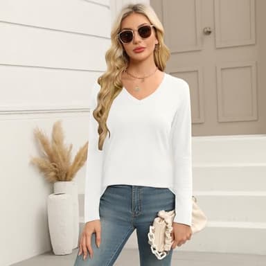 Elesomo Women's Long Sleeve Tshirts V Neck Casual Tops Cotton Tee Shirt, White XXL - Image 4
