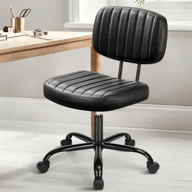 DUMOS Small Armless Home Desk Chair with Low Back Lumbar Support, Height Adjustable PU Leather Computer Task Chair with 360° Swivel Wheels, for Small Space, Kids and Adults, New Black - Image 1
