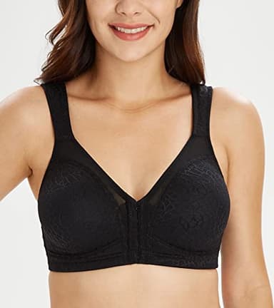 Lemorosy Women's Plus Size Full Coverage Front Closure Posture Back Unpadded Wireless Double Support Minimizer Bra (Black, 44D) - Image 5