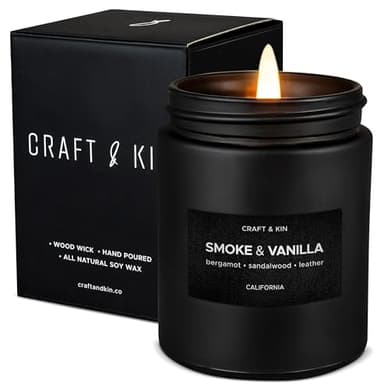 Craft & Kin Premium Smoke & Vanilla Candle | Black Fall Scented Candles for Men | Long Lasting with 45 Hour Burn Time, 7.6oz | Made with Soy | Aromatherapy at Home | Gifts for Men - Image 1