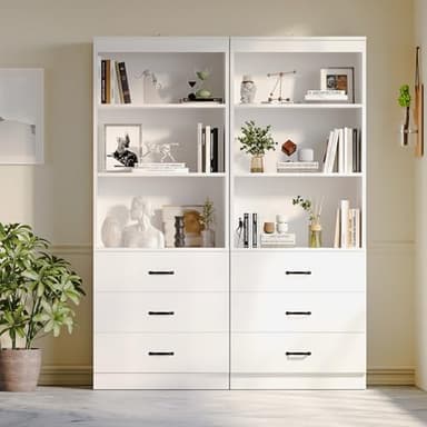 oneinmil 70" H 6-Tier Bookshelf with 3 Drawers, White Bookcase with 3-Tier Open Shelves, Tall Book Shelf with Storage Space, Wooden Storage Cabinet for Living Room, Bedroom, Office (White, 6-Tier) - Image 5