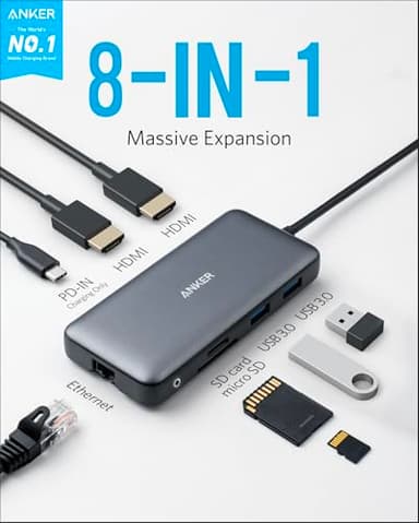 Anker Laptop Docking Station Dual Monitor, 8-in-1 USB C Hub, 4K Dual Monitor with 2 HDMI, 1 Gbps Ethernet Hub, 85W Power Delivery, SD Card Reader for MacBook Pro, XPS and More (Charger not Included) - Image 2