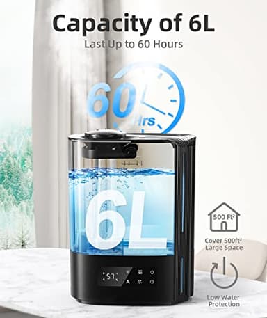 BREEZOME 6L Humidifiers for Bedroom Large Room & Essential Oil Diffuser, Ultrasonic Top Fill Cool Mist Humidifiers for Baby, Plants, Nursery Last up to 60 Hours, Smart Humidistat Control, Quiet, Black - Image 2