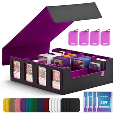 UAONO Trading Card Storage Box with Commander Display; 2400+ Deck Box for MTG with Removable Cover; Toploader Card Case fits Magic TCG PTCG Sports Cards; 24 Dividers, 4 Stoppers (Black, Purple) - Image 1