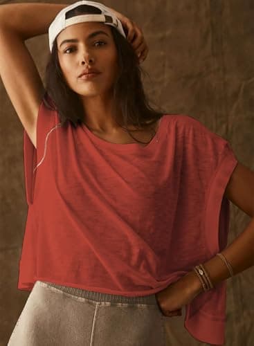 Kumufenc Womens Oversized Tshirts Open Back Batwing Sleeve Gym Shirts Boat Neck Slouchy Tees Workout Athletic Top(Red,L) - Image 2