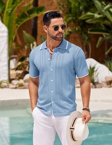 COOFANDY Men's Short Sleeve Knit Shirts Vintage Button Down Polo Casual Beach Shirt Clear Blue - Image 3