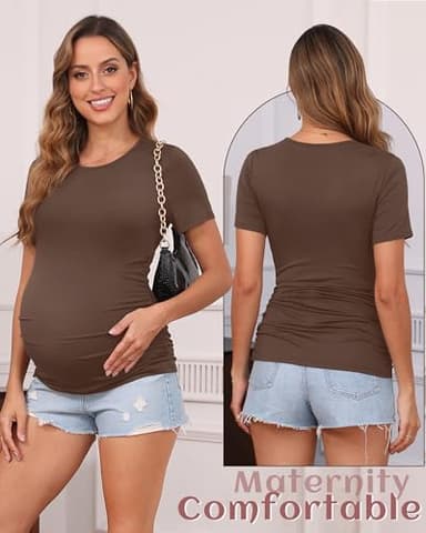 Huukeay 4 Pack Women's Maternity Shirts, Crew Neck Maternity Top Short Sleeve Casual Cotton Tee Side Ruched Pregnancy Clothes(Black, White, Coffee, Army Green,Large) - Image 2