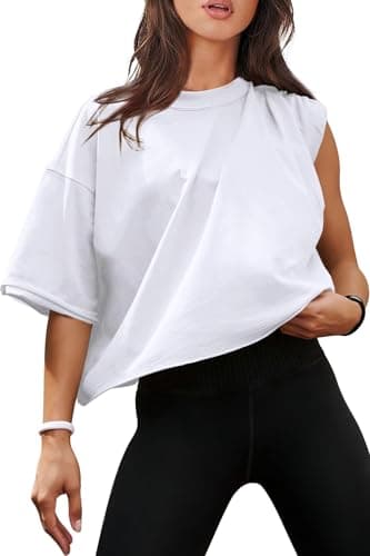 White Crop Tops Women's Summer Short Sleeve Drop Shoulder Cotton T-Shirts Workout Oversized Tops M - Image 4