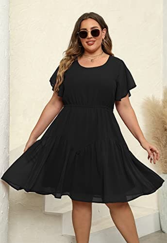 Nemidor Plus Size Summer Dresses for Curvy Women Casual Boho Midi Chiffon Print Floral Dress with Ruffle Sleeve 14-26(297,18,Black) - Image 3