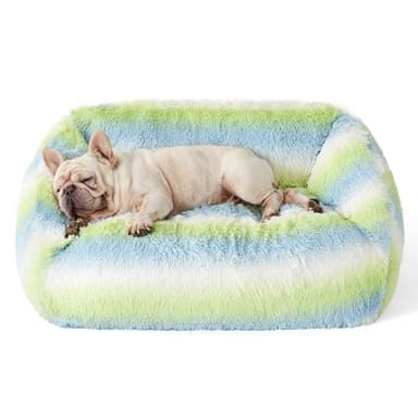Lesure Cute Cat Bed Indoor - Furry Cat Bed Large, Washable Calming Small Dog Beds for Puppy with Fashion Design, 26x21x9inches, Green Stripe - Image 7