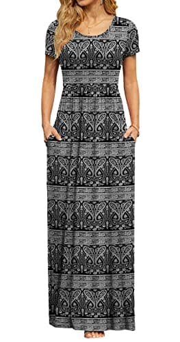 DB MOON Womens 2025 Summer Maxi Dresses Casual Short Sleeve & Pockets Empire Waist Long Dress for Beach Party XL, Black Floral - Image 1