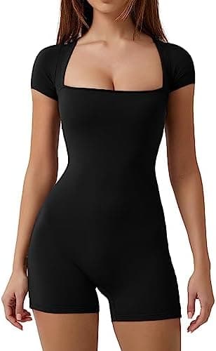 QINSEN Women's Short Sleeve Bodycon Romper Stretchy Square Neck Sexy Unitard Jumpsuit Black L - Image 3